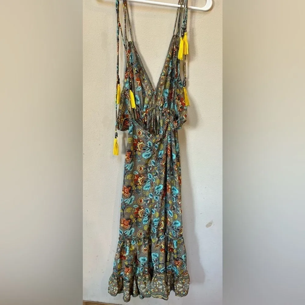 Silk Blend Boho Floral Backless Midi Dress Festival OS Khan Gray Size undefined - Image 2