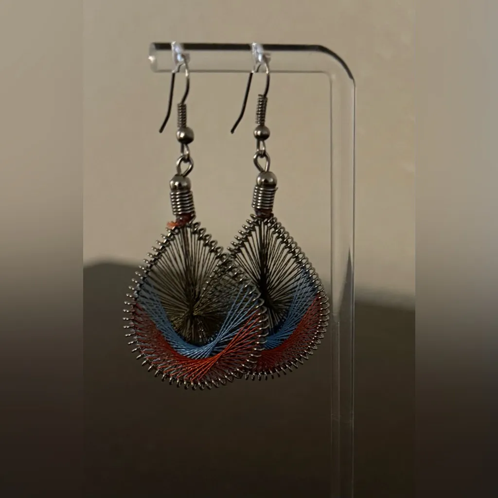 Y2K Threaded Teardrop Dangle Earrings Boho Festival Drop | Multicolor Thread Art Blue - Image 2