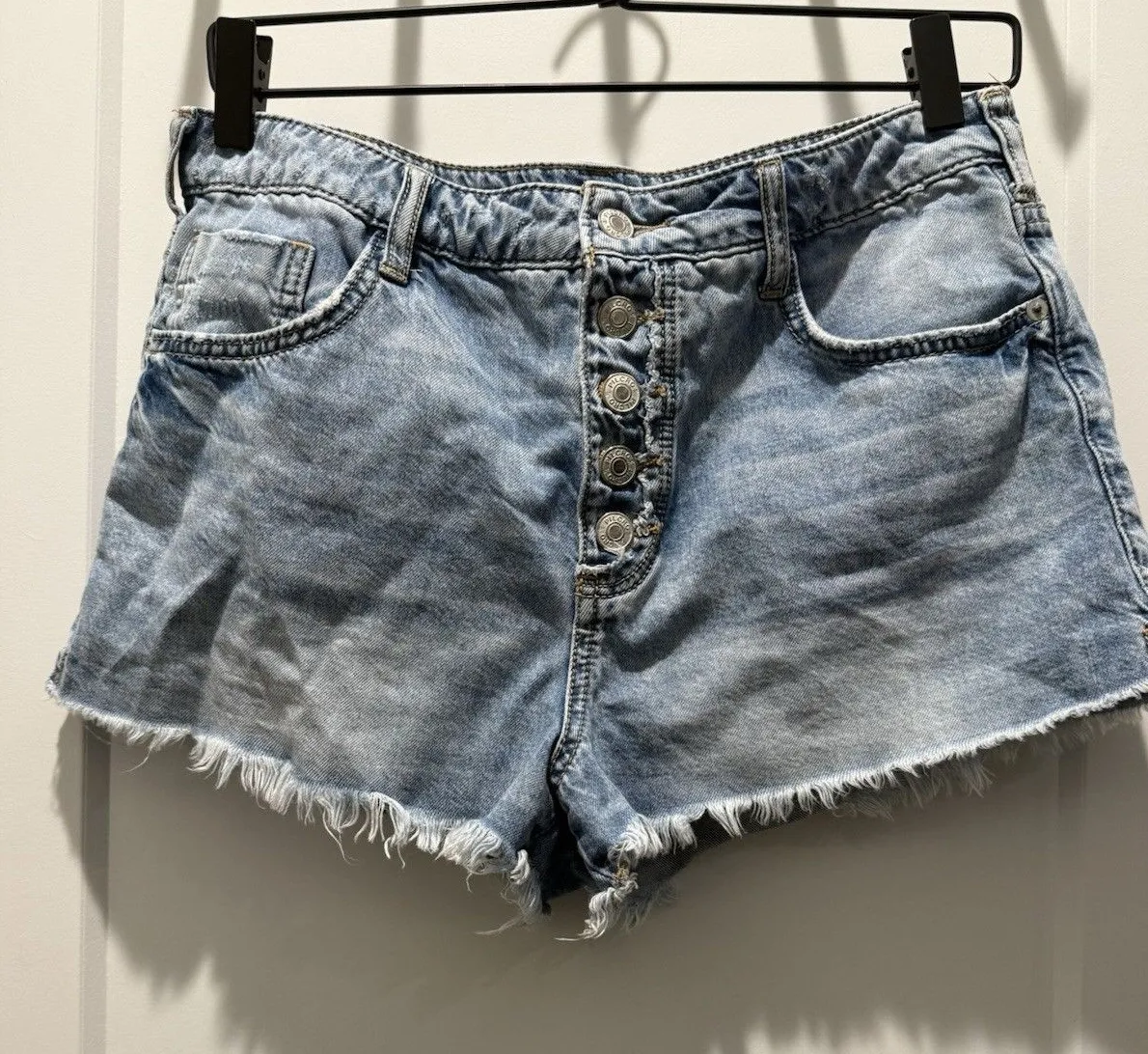 Pilcro Anthropologie Cut Off Button Fly Blue Denim Jean Shorts Sz 28 Distressed - Image 1