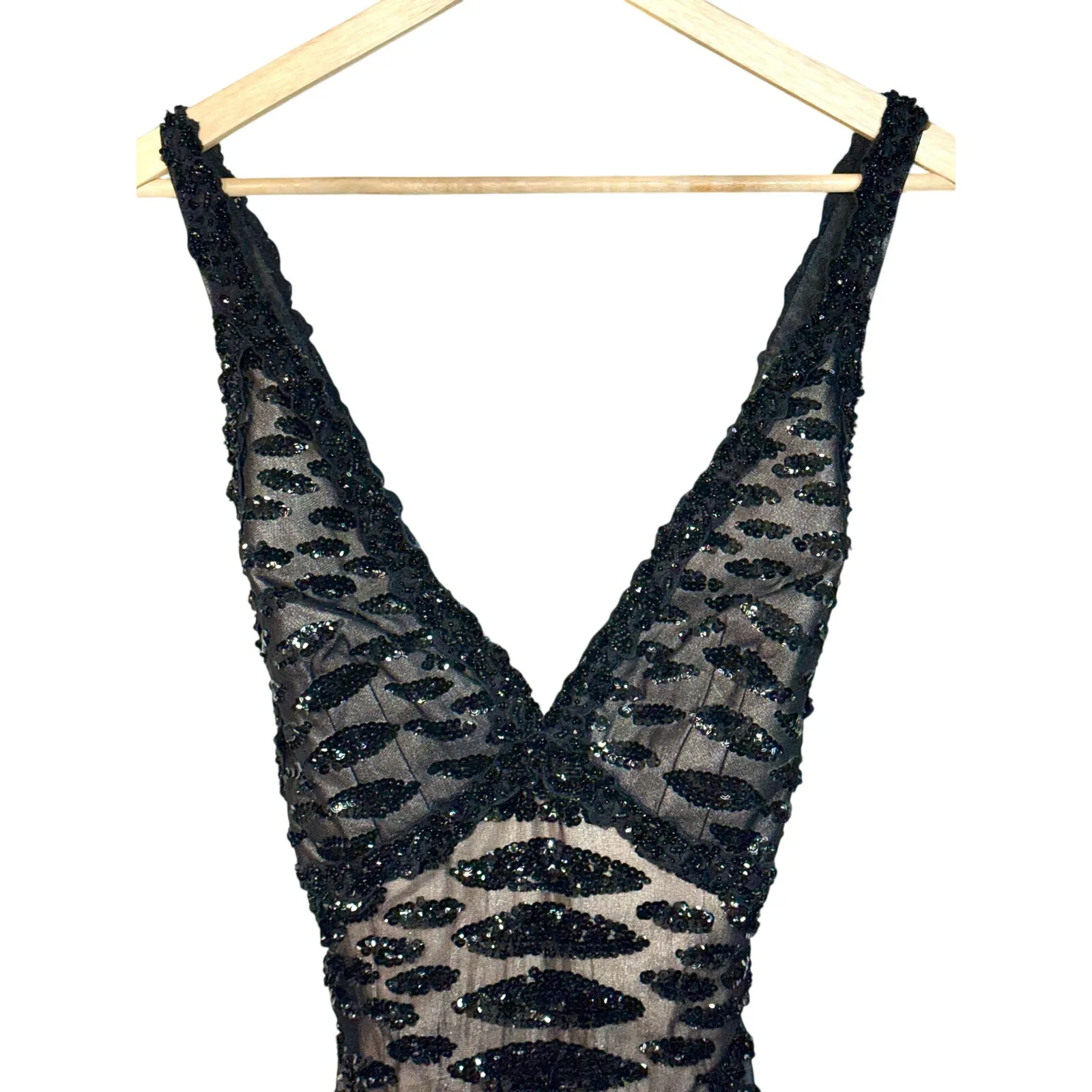 NEW Mandalay Black Beaded Sequin Sheer Silk Midi Evening Formal Dress Womens 8 - Image 2