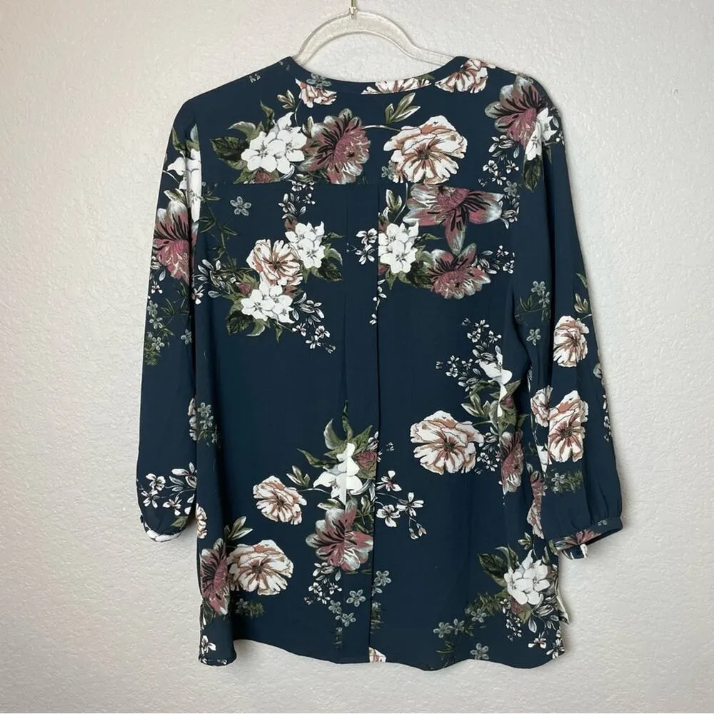 C & E Navy Slate Floral Textured Structured Blouse Size L - Image 8