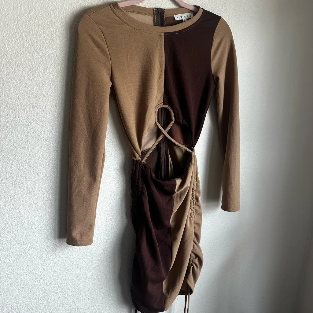 HYFVE Two-Tone Long Sleeve Dress in Tan and Brown - Image 8