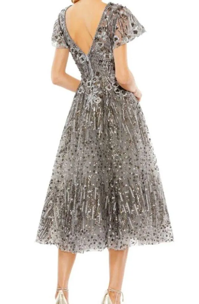 Mac Duggal Embellished Butterfly Fit & Flare Tea-Length Dress Gunmetal Sz 8 - Image 4