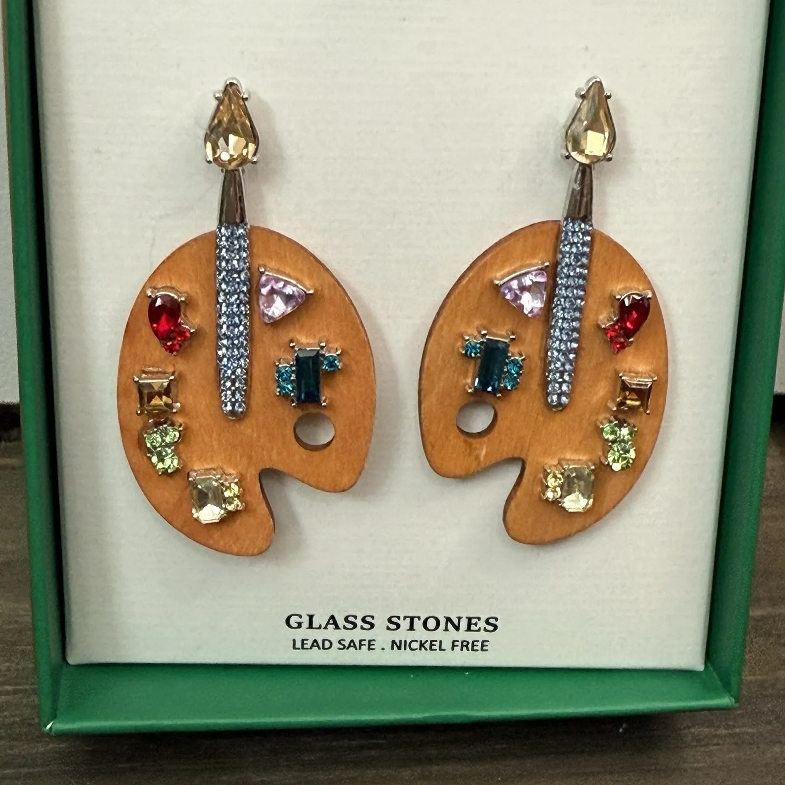 NEW‎ Piper K Wood Paint Palette Earrings with Glass Stones Art - Image 2