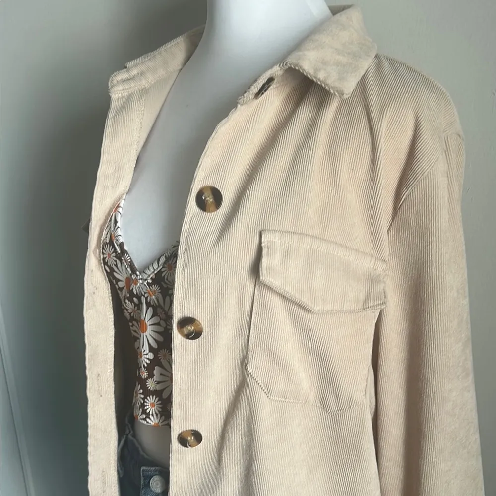 ROMWE Lightweight Corduroy Beige Button-Up Layering Overshirt - Image 3