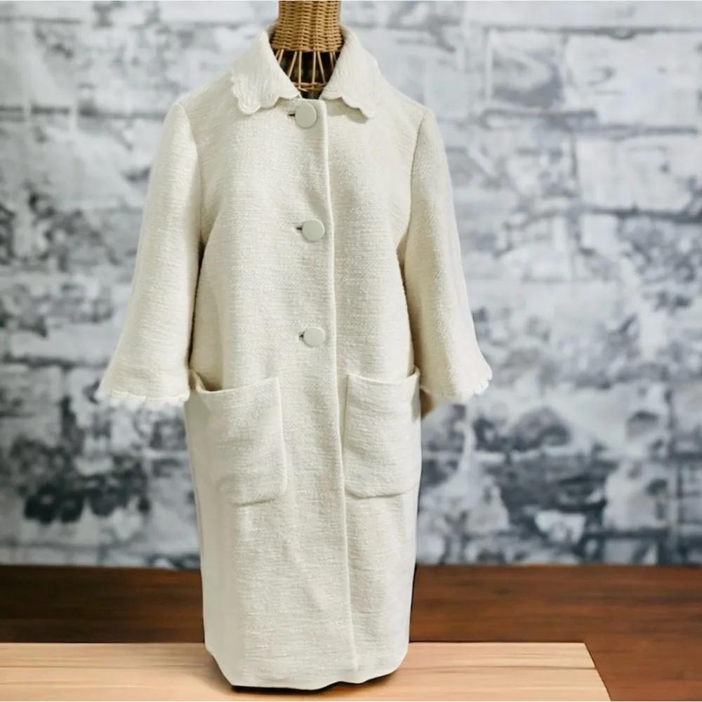 Kate Spade New York Cream Textured Scallop Trim Coat Size 10 Elegant Retro Mod - Image 2