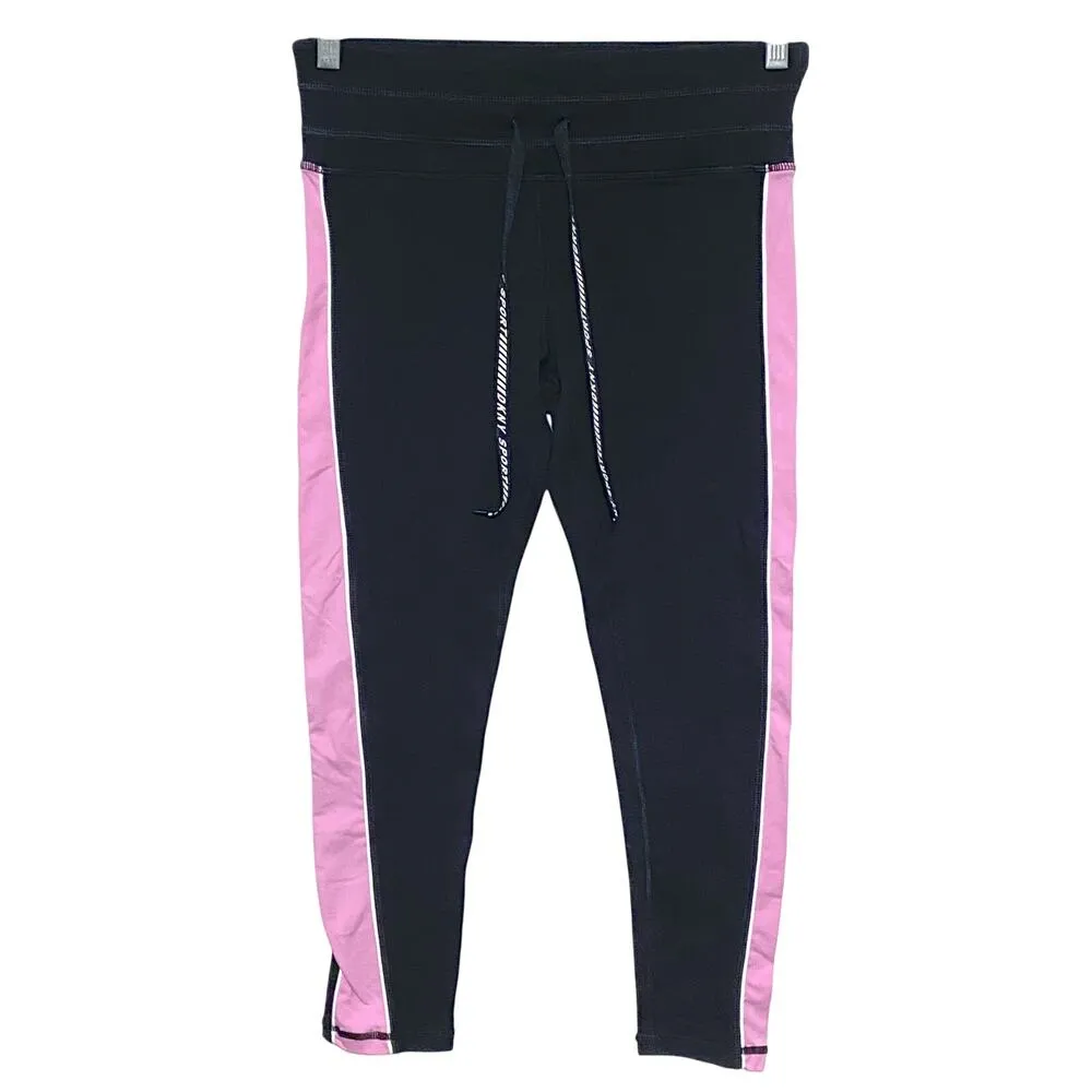 DKNY Sport Black Leggings Pink Spell Out Logo Tape Drawstring Pull On Womens M - Image 2