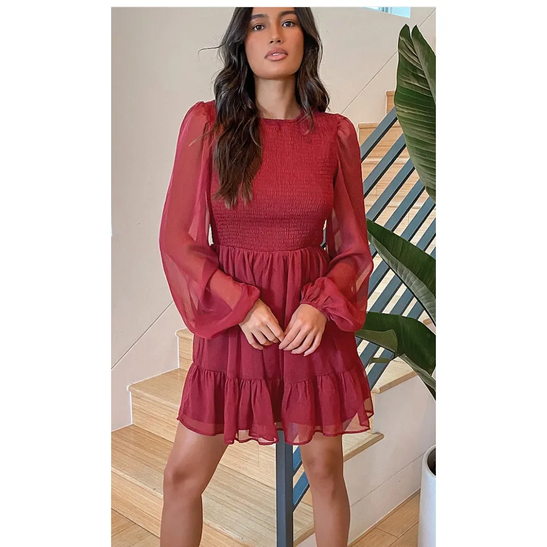 Lulus Dress Womens Small‎ Simply the Sweetest Berry Red Long Sleeve Smocked Mini - Image 4