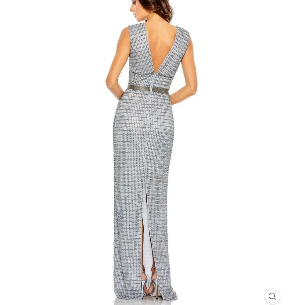 Mac Duggal 5625 Beaded Cap Sleeve V Neck Column Gown Dress Silver Size 4 - Image 5