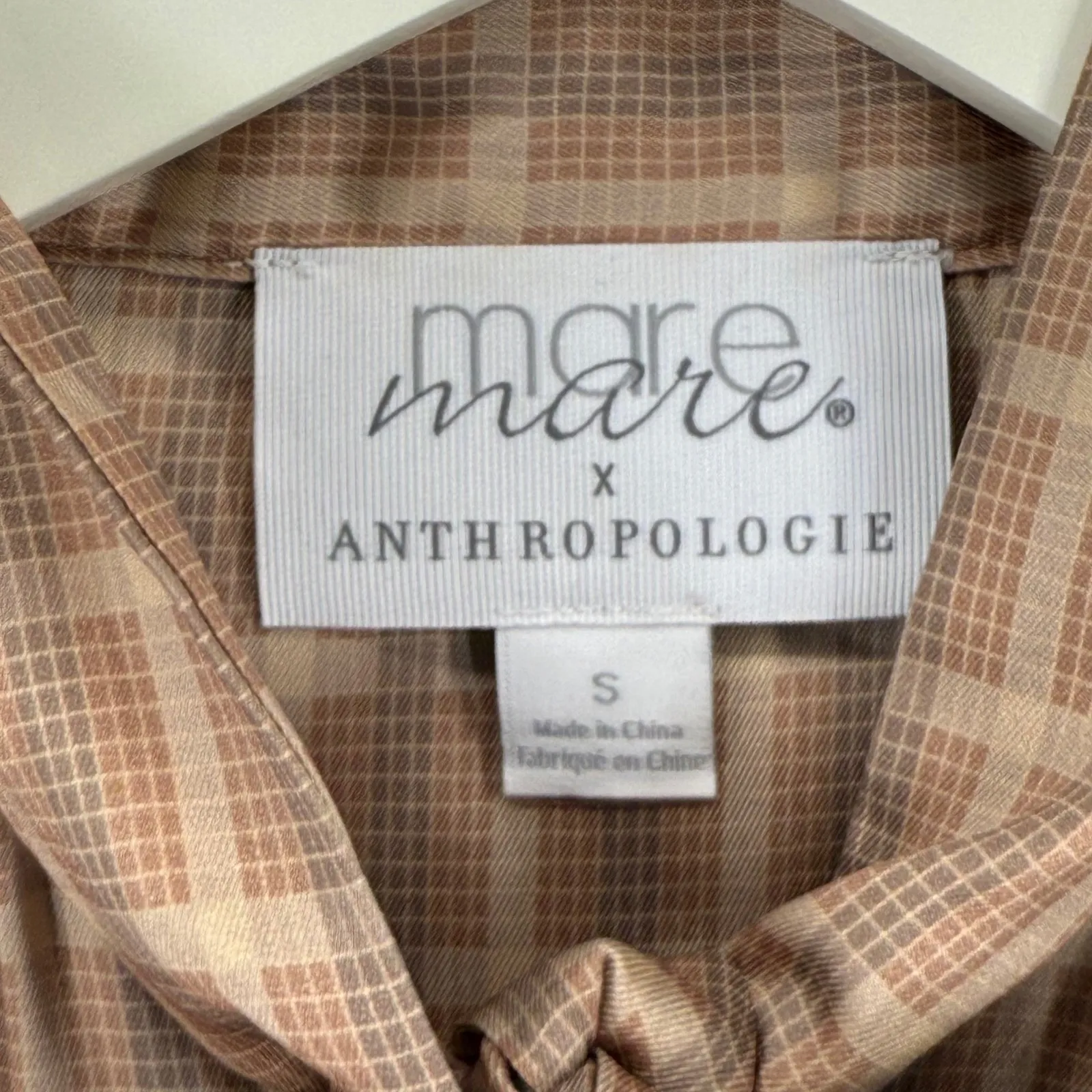 Mare Mare Anthropologie Plaid Bow Tie Neck Long Sleeve Button Down Shirt Size S Brown - Image 3