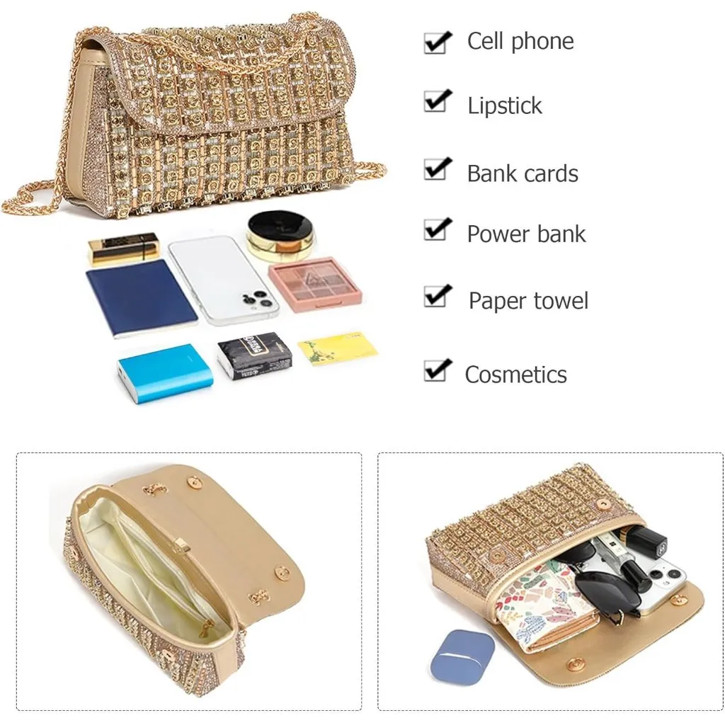 ⚡Women's Sparkly Rhinestones Chain Shoulder Cocktail Gold Clutch Party Prom Bag - Image 4