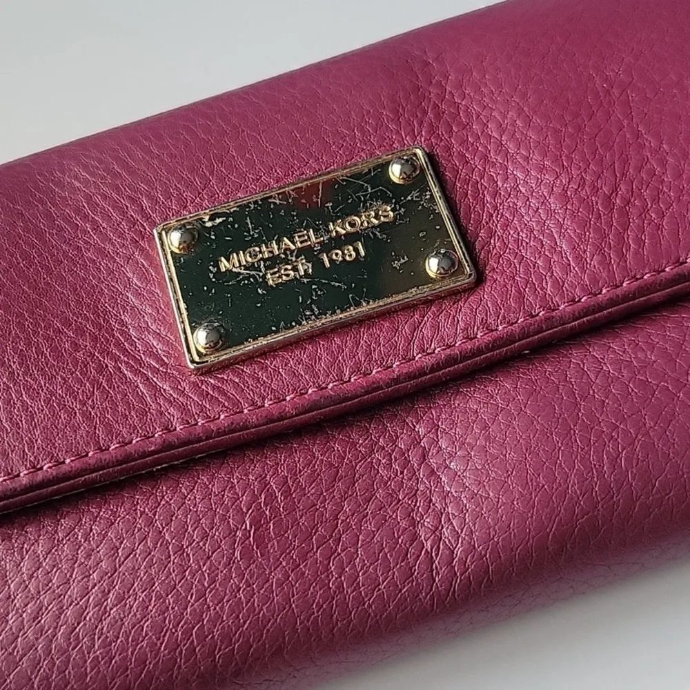 Michael Kors Plum Leather Long Wallet with Gold Name Plate - Image 2