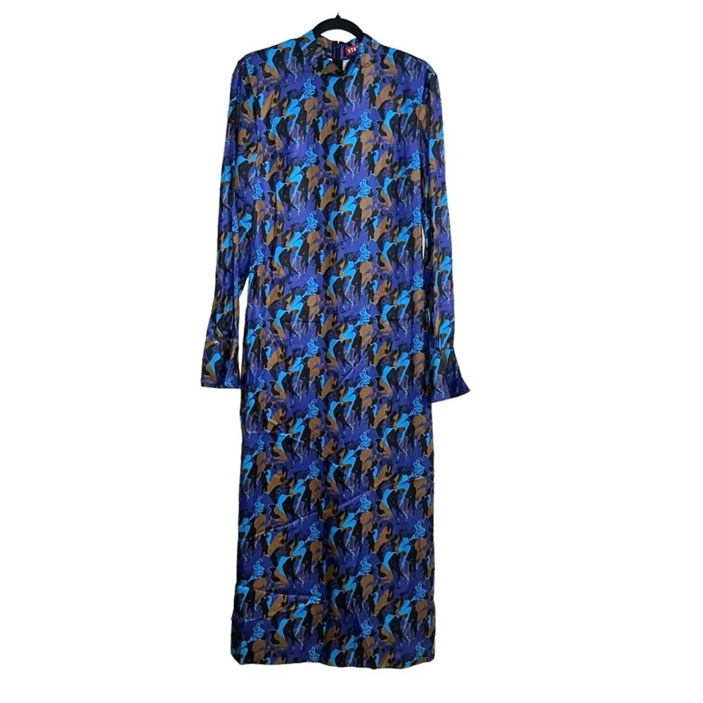 NEW STAUD Thicket Sapphire Sirens Long Sleeve Printed Satin Midi Dress 10 - Image 3