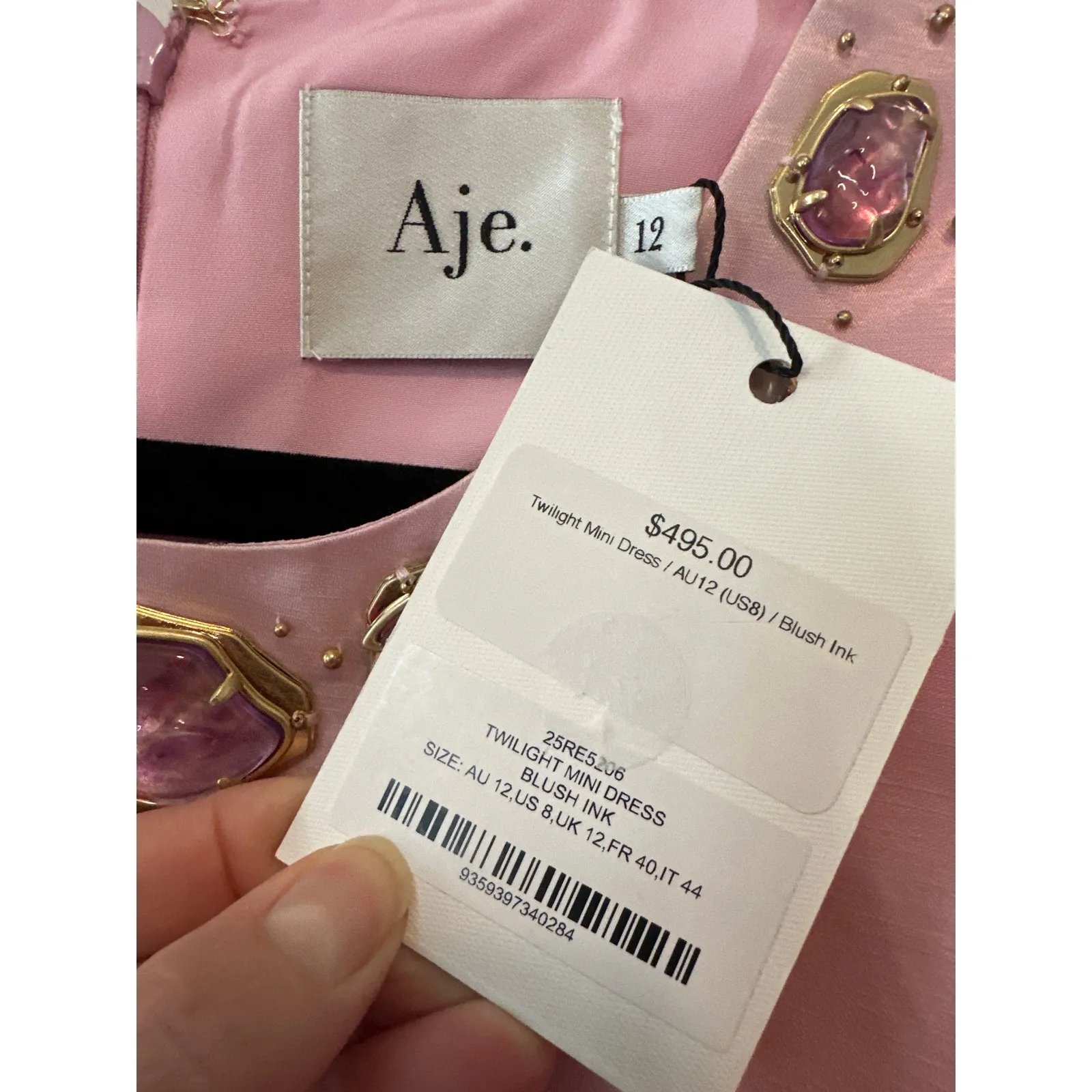 Aje NWT Twilight Mini Dress Blush Ink Pink Linen Beaded Neckline Size 8 - Image 5