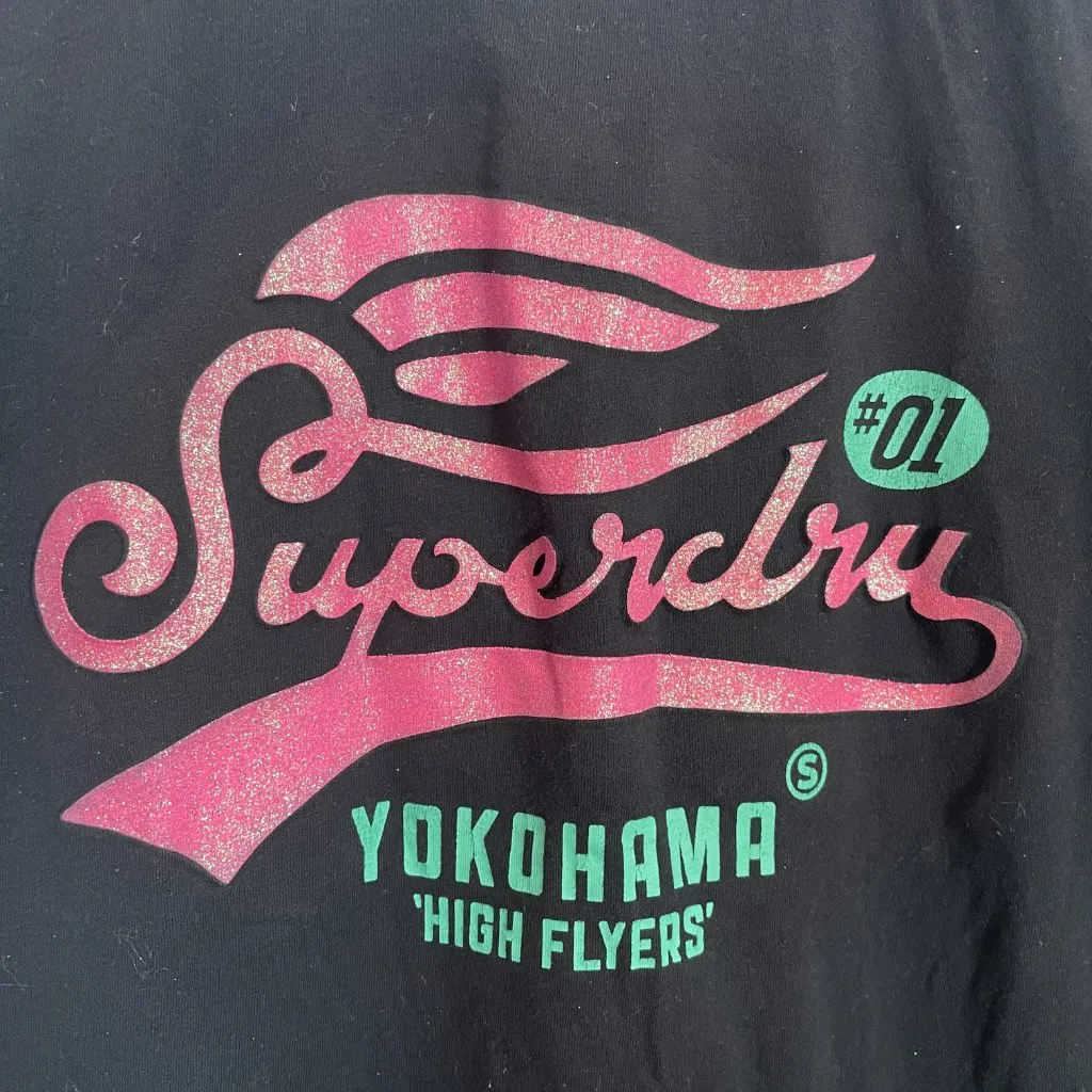 SuperDry Women 6 Black Pink Glitter Logo T-Shirt Short Sleeve Crew Neck Cotton - Image 4