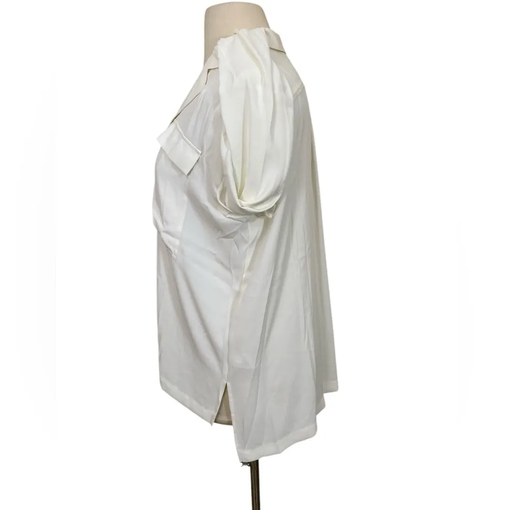 Long sleeve pocket soft shirt Chiffon button down ecru minimalist office - Image 5