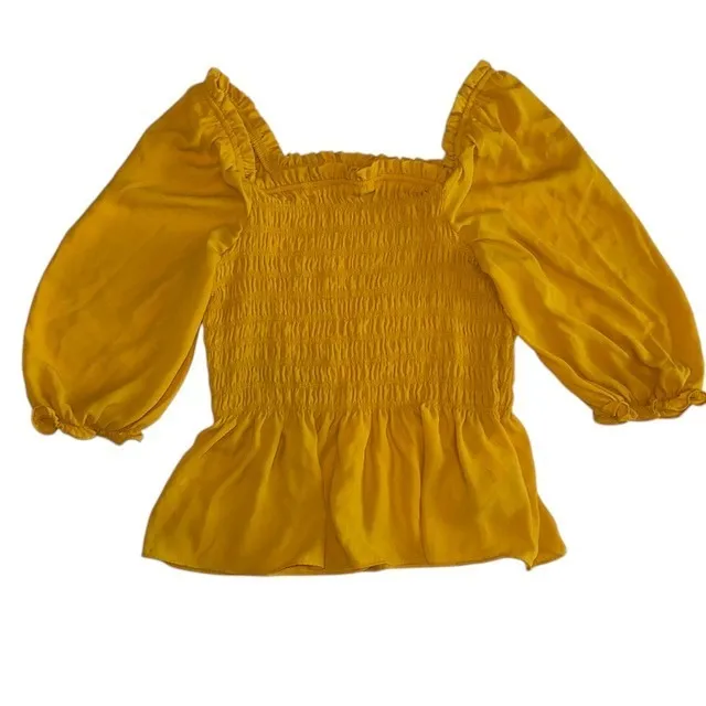 Nanette Lepore Smocked Peplum Top‎ Ruffle Square Neck Yellow Blouse Size XS - Image 2