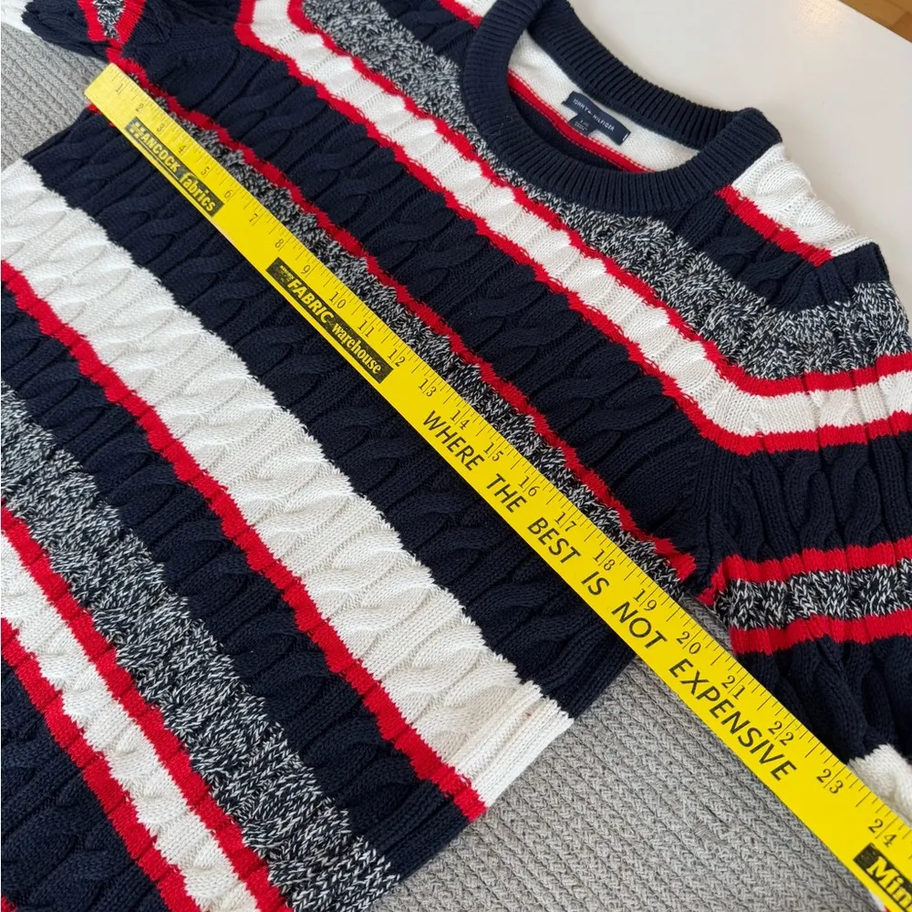 Tommy Hilfiger Navy Blue White Red Striped Cable Knit Crewneck Sweater Sz Large - Image 9