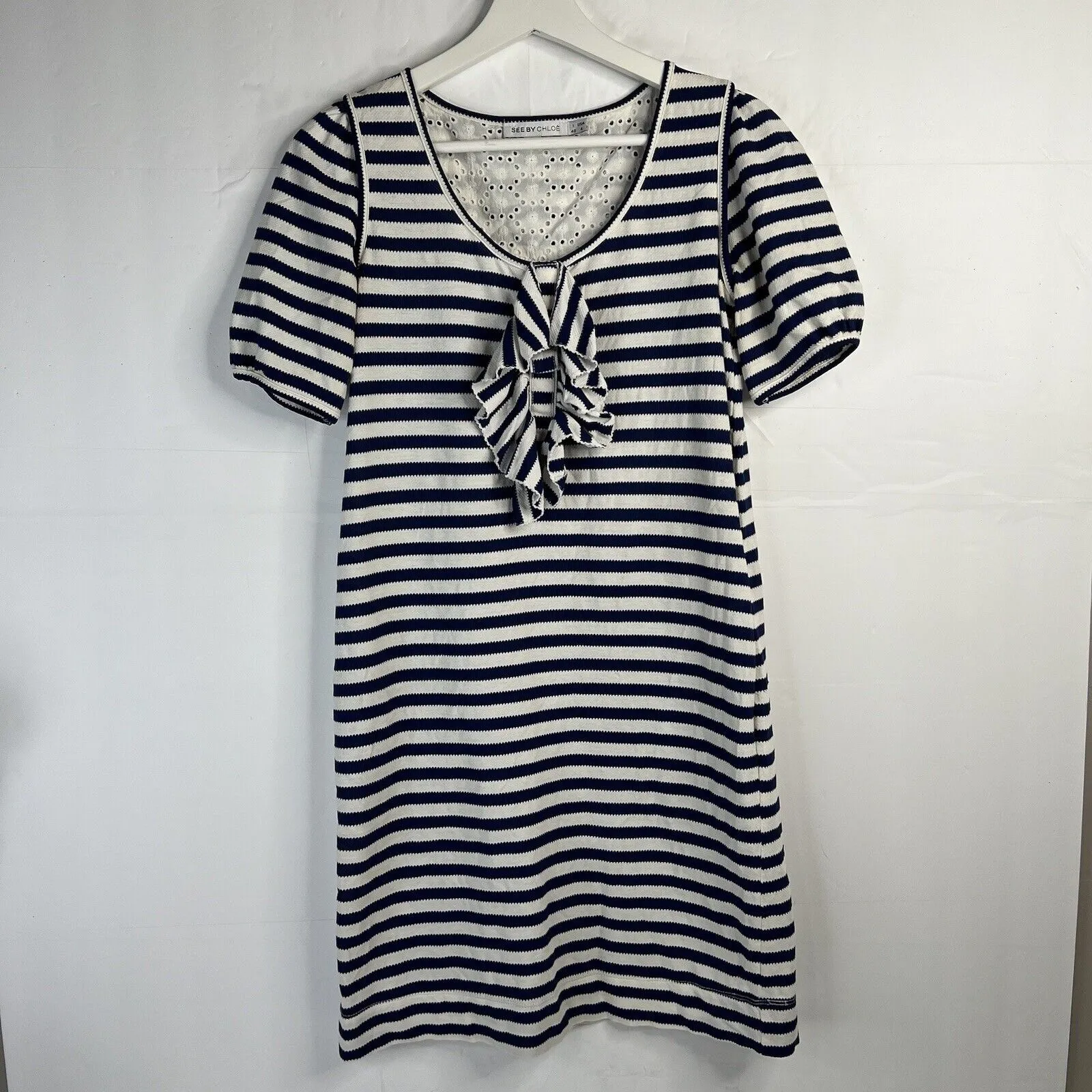 See By Chloe Size 4 Shift Dress Striped Blue White Ruffle Front Nautical Resort - Image 5