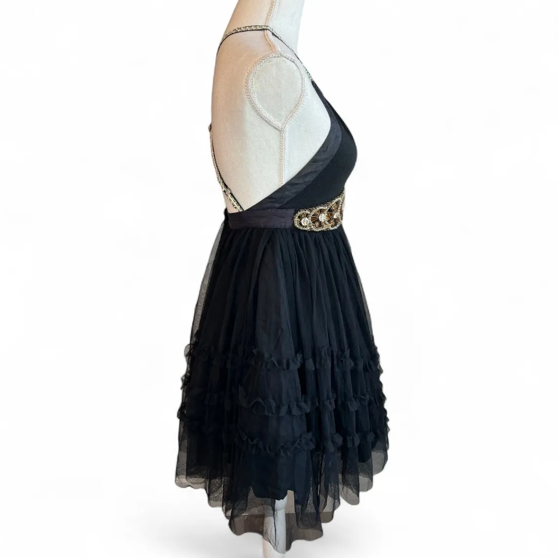 Free People Black Boho Beaded mini dress Tulle Open Back whimsigoth Y2k Vintage - Image 4