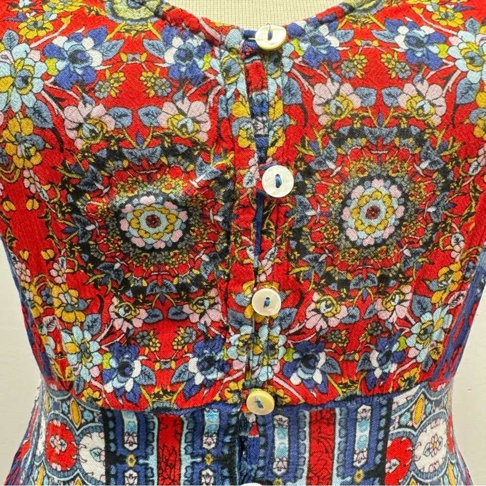Patrons of Peace Red Blue Yellow Boho Print Ruched Maxi Sundress Size M - Image 4