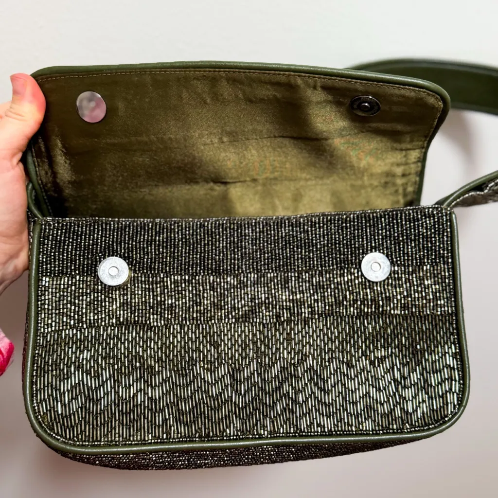 STAUD Tommy bag moss olive green beaded shoulder purse embroidered metallic NYE - Image 13