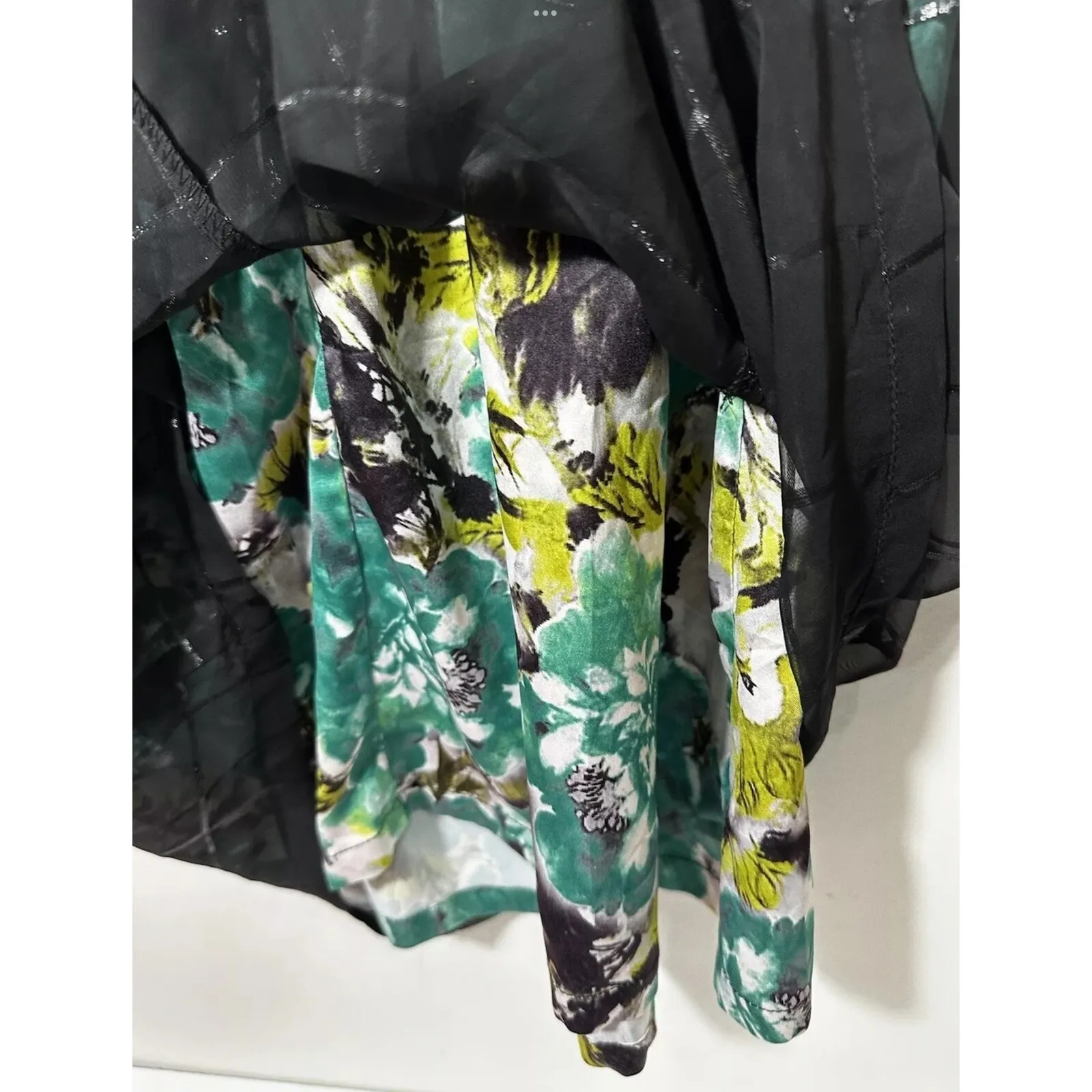 Tulle XS Sleeveless Fit & Flare Dress Black Bodice Green Floral Skirt‎ Lined - Image 8
