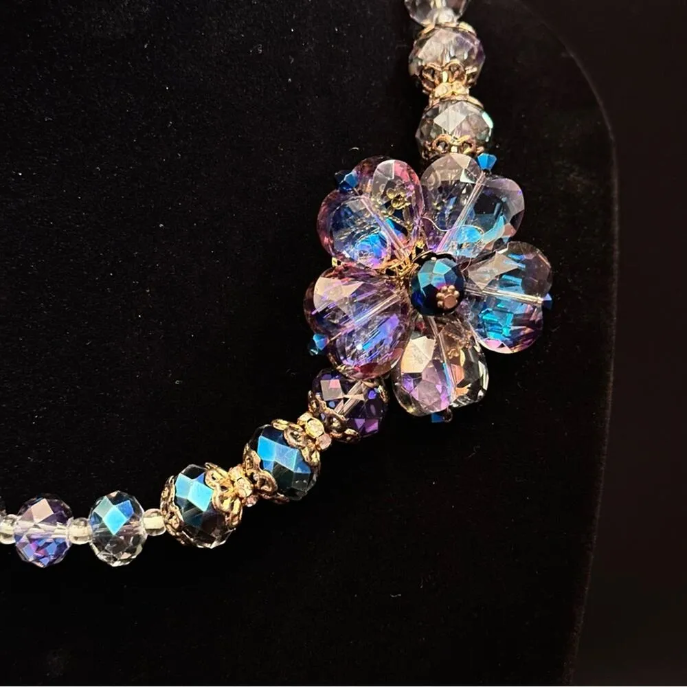 Vintage Kaleidoscope Crystal Beaded Collar With Flower Pendant Pink - Image 5