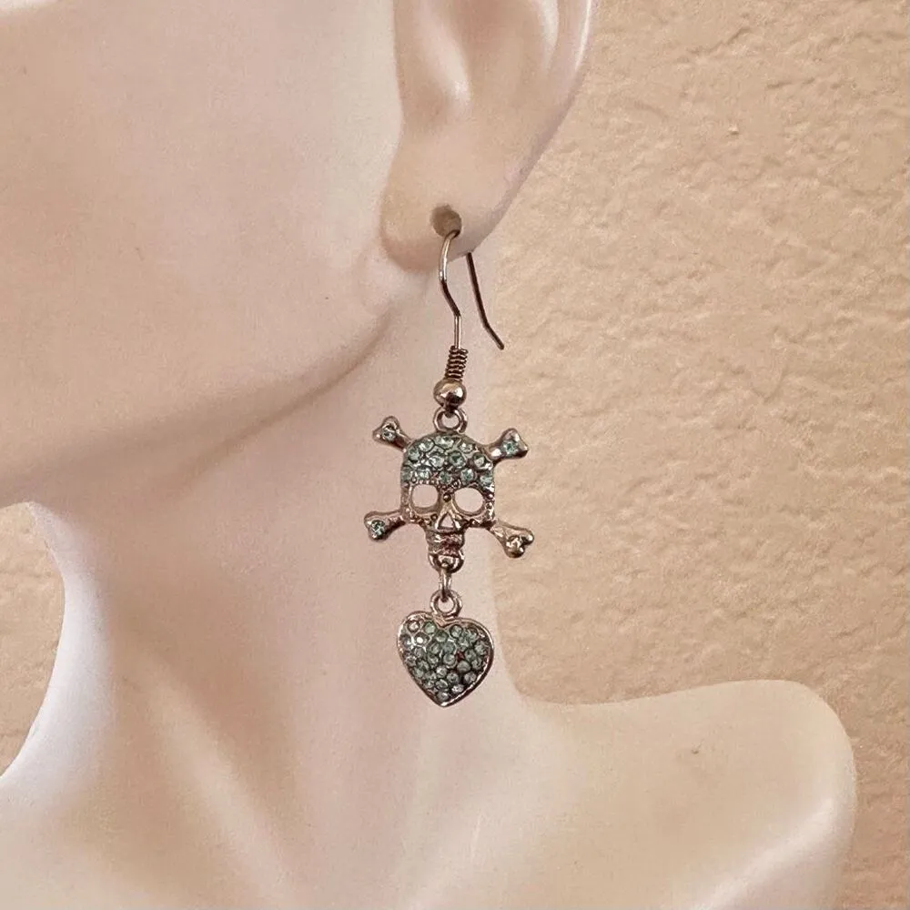 Blue skull and heart rhinestone drop earrings - Image 4