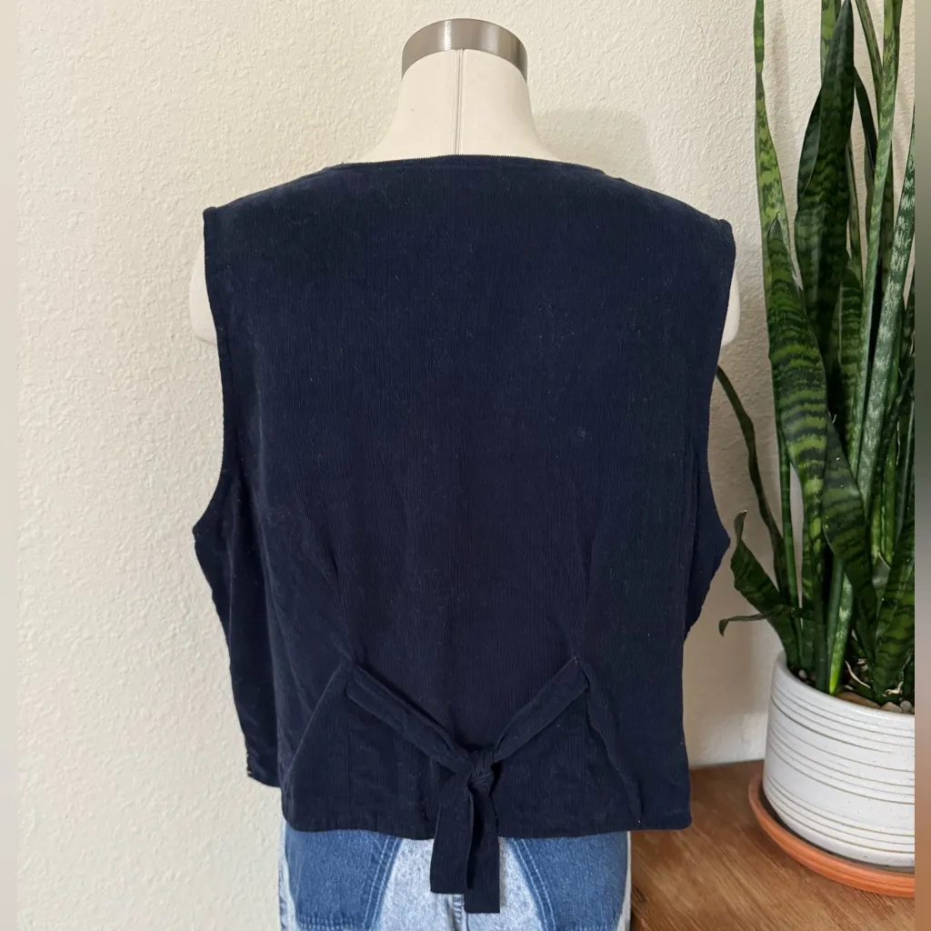Vintage Navy‎ Corduroy Fall Embroidered Vest Fall pumpkin leaves Birdhouse large Blue - Image 2