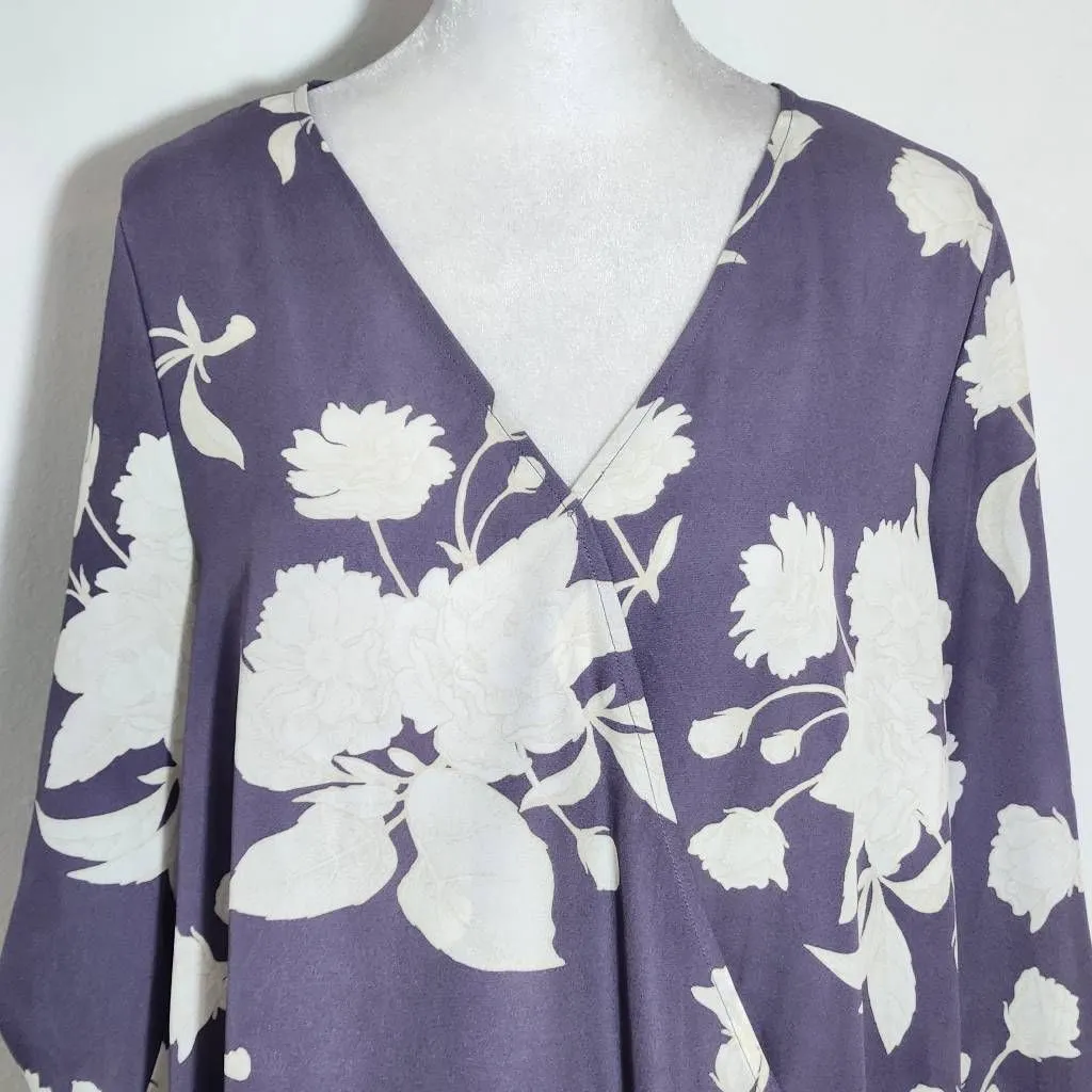 West Kei Purple Floral Blouse with Wrap Look and Roll-Tab Sleeves Size Small - Image 3