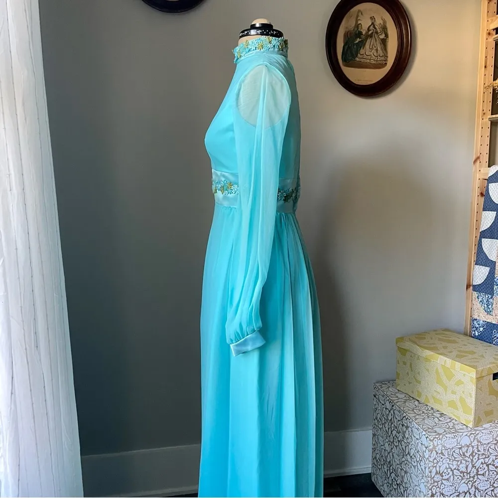 VINTAGE 1960s mod gown in teal with floral ribbon and chiffon Size 0 - Image 11