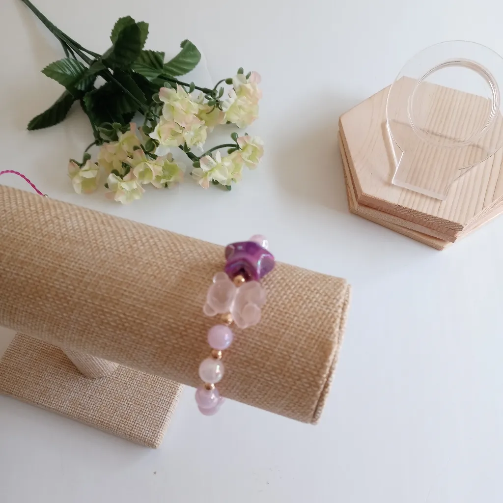 Handmade Bear & Star Stretch Bracelet Purple - Image 6