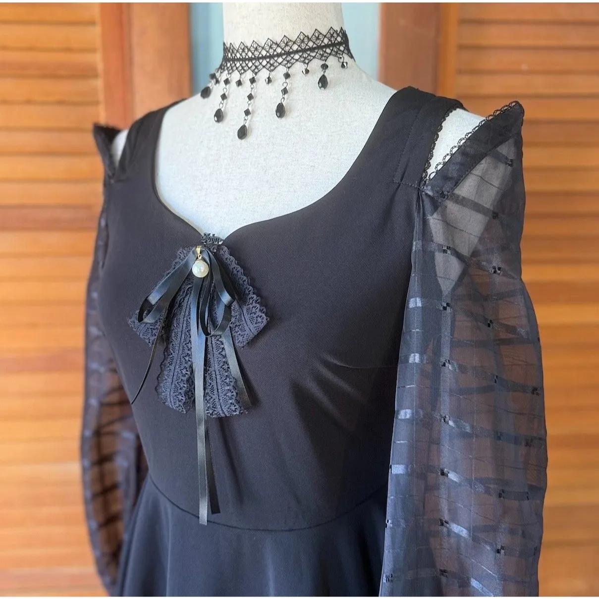 Punk Rave Gothic Lolita Dark Fairycore Black Transparent Sleeve Skater Dress M Size M - Image 5