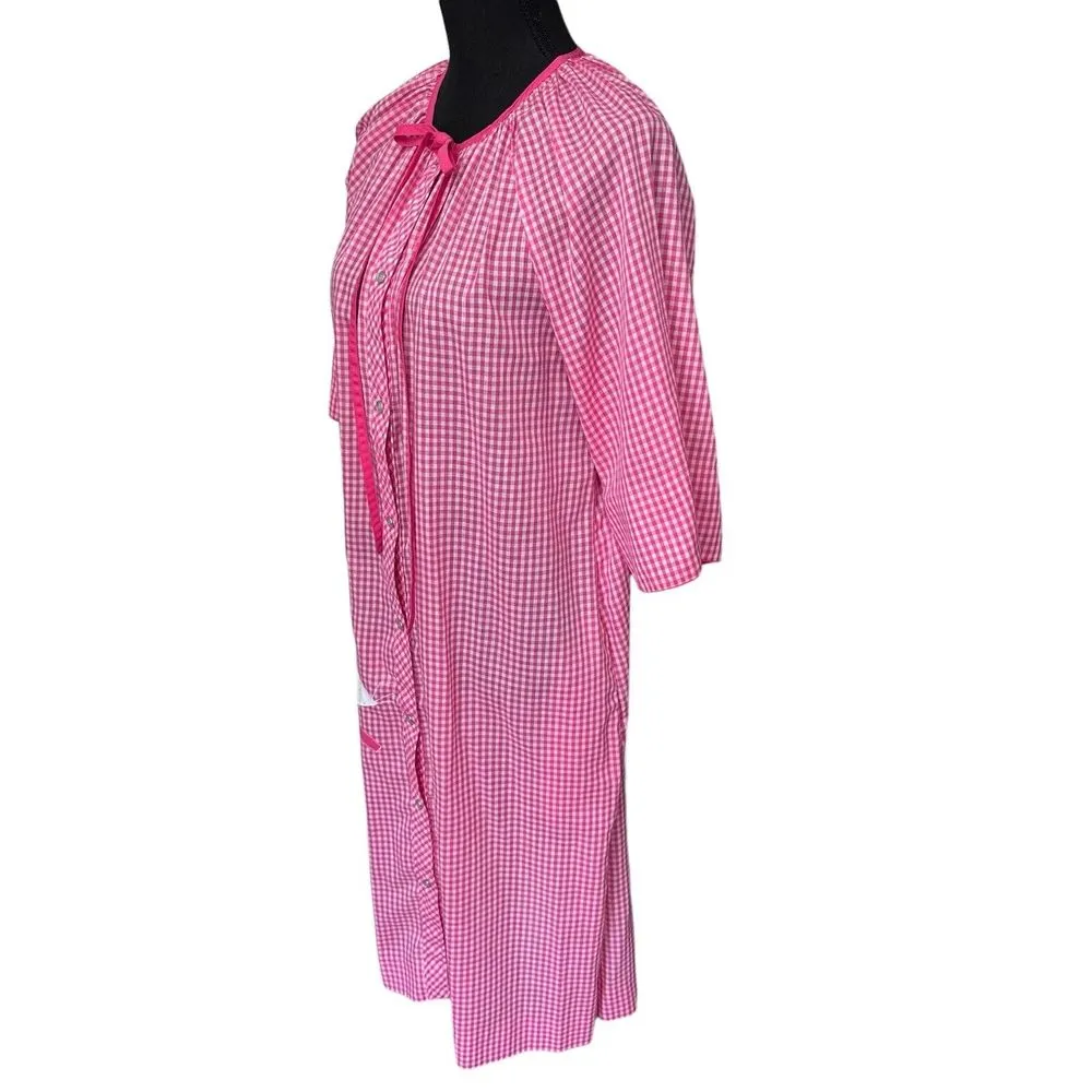 Models Coat L/XL Pink White Gingham Plaid House Coat House Dress Bird VTG‎ Size L - Image 5