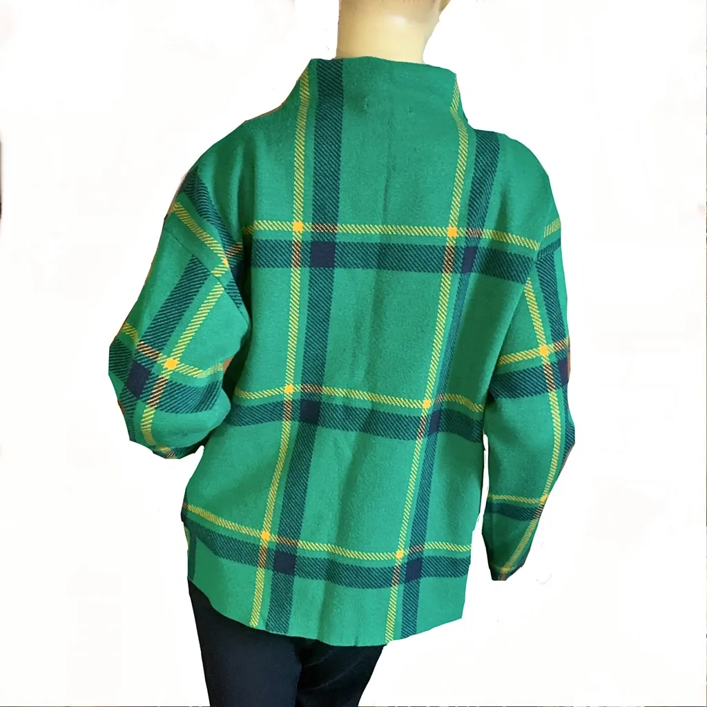 TAHARI GREEN, BLUE & YELLOW PLAID MOCK NECK SWEATER (XL) - Image 3