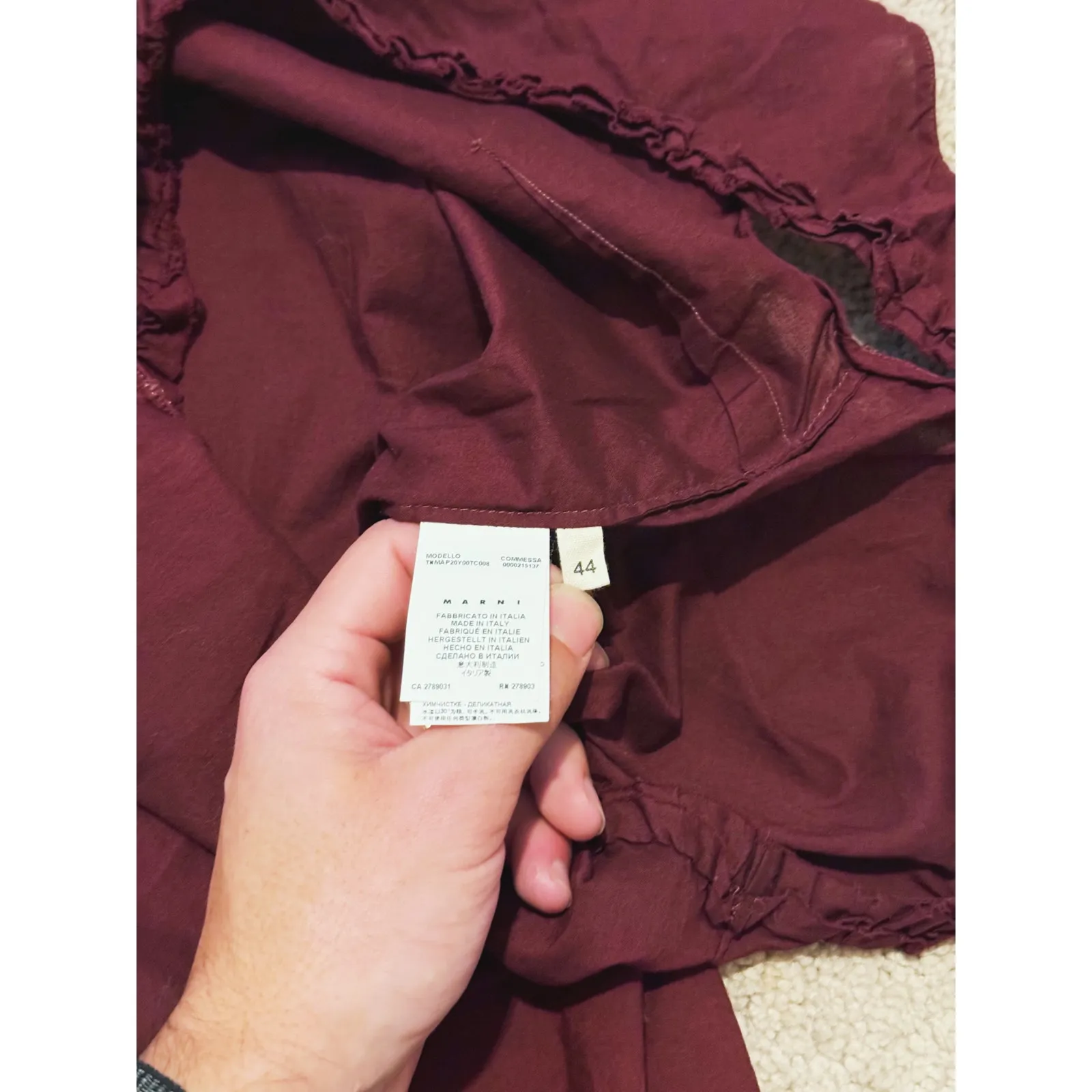 Marni Quiet Luxury Ruffle Hem Cotton Mini Dress Burgundy Designer Minimalist Red - Image 6