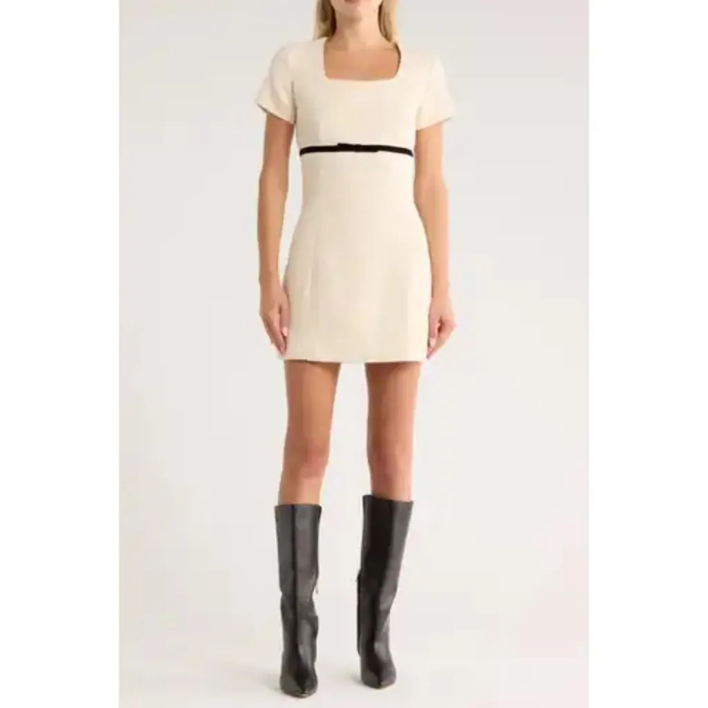 FRENCH CONNECTION Velvet Bow Short Sleeve Bouclé Minidress in Cream/ Black - Image 10