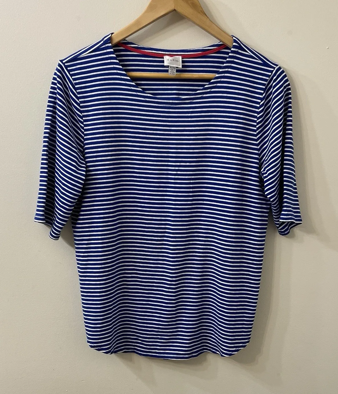 Cupio Women's XL Blue White Striped Short Sleeve Casual Pullover Shirt Stretch - Image 1