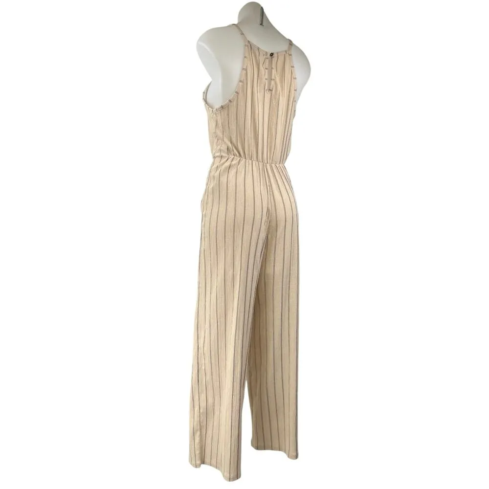 Bershka Women's Beige Black Striped Sleeveless Wide Leg Tank Jumpsuit Size M - Image 2