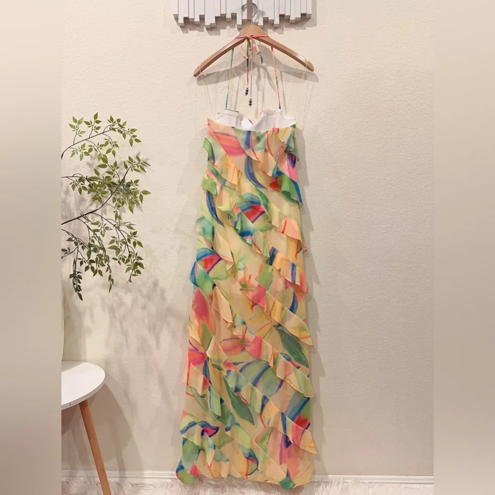 Liv Forster Printed Chiffon Halter Maxi Dress Apricot Multi Size 6 Vacation Yellow - Image 5