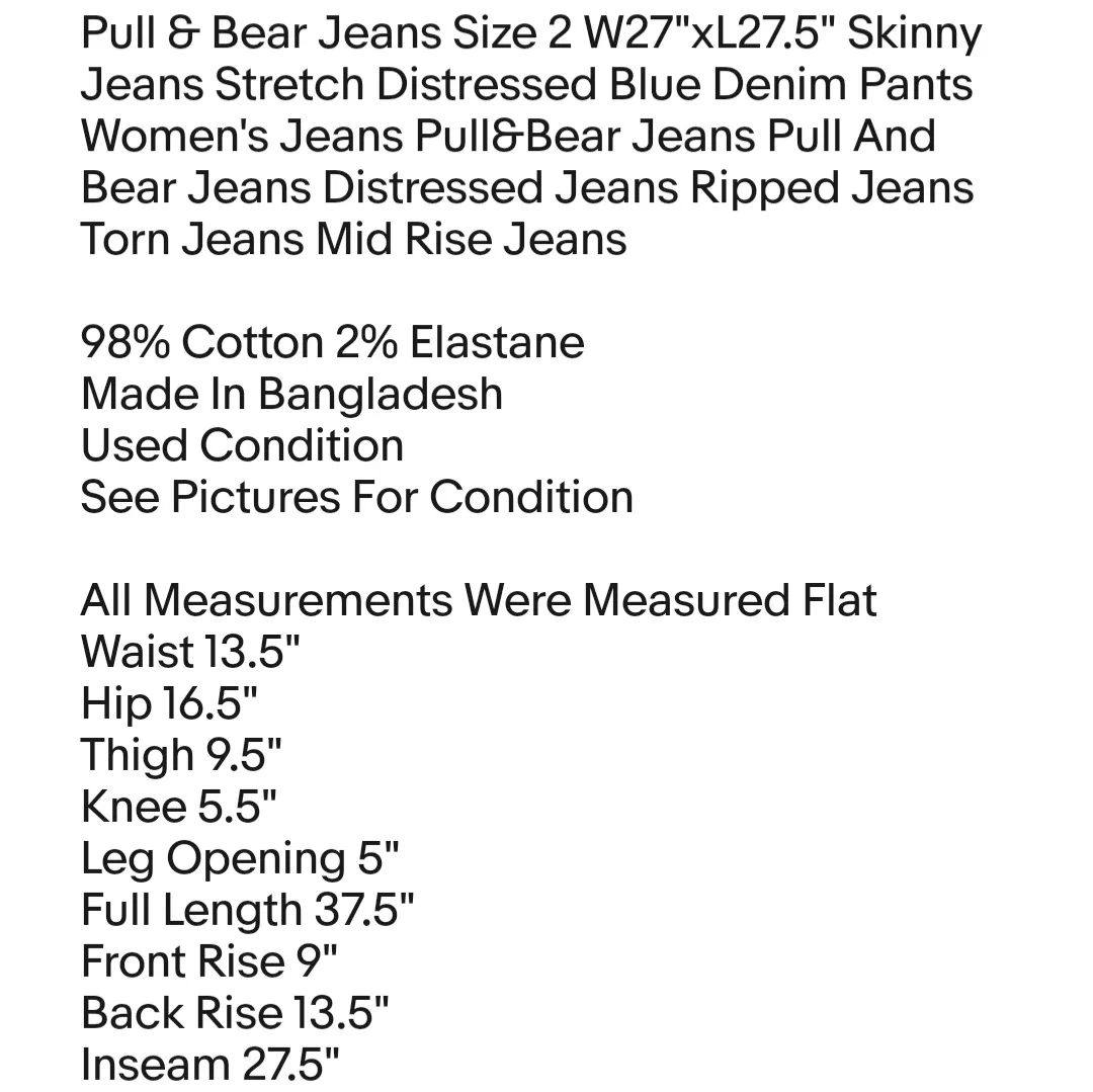 Pull & Bear  Jeans Size 2 W27"xL27.5" Skinny Jeans Stretch Distressed Blue Denim Pants - Image 2