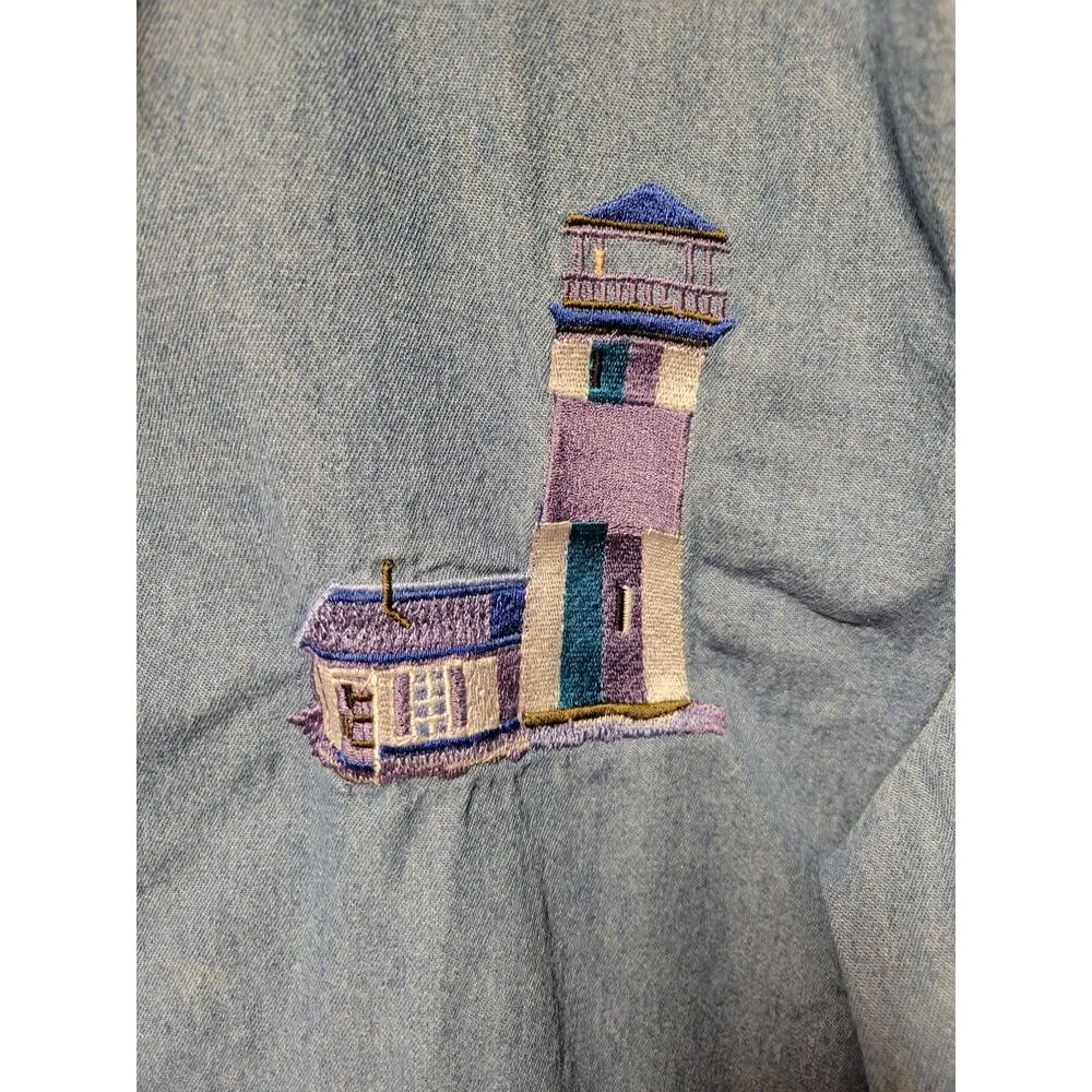 Vintage Lighthouse Embroidered Denim Button Up Shirt Nautical Coastal Women's XL - Image 2