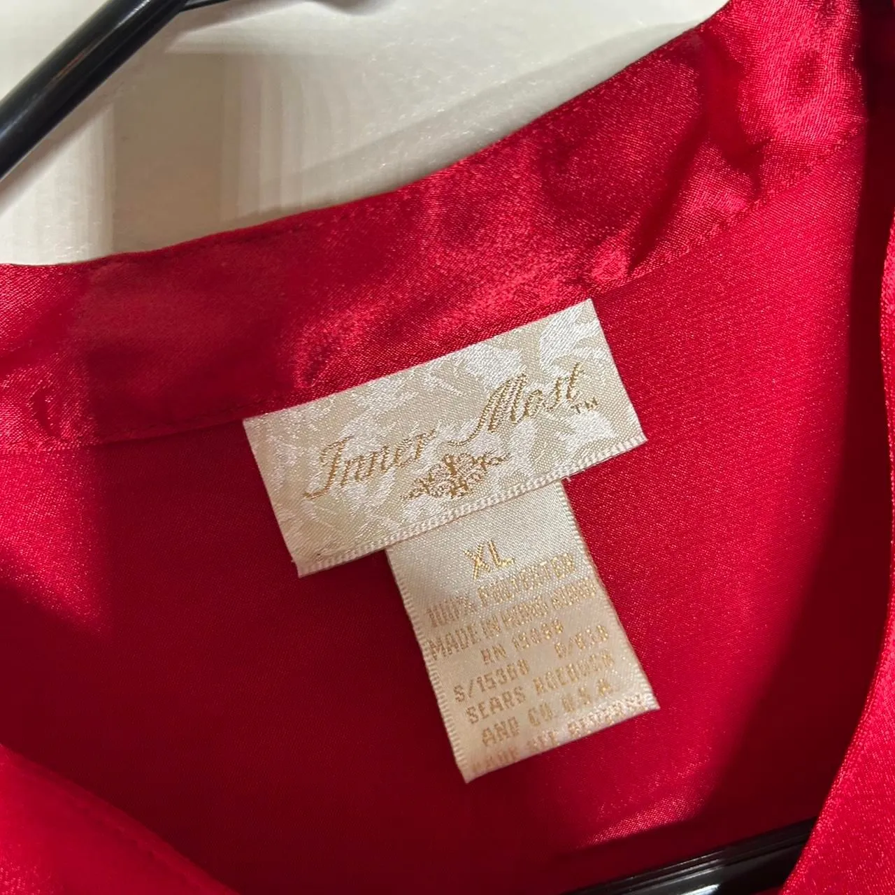 Vintage 90s Red Satin Embroidered Mandarin Collar Tunic Dress Top L - Image 3