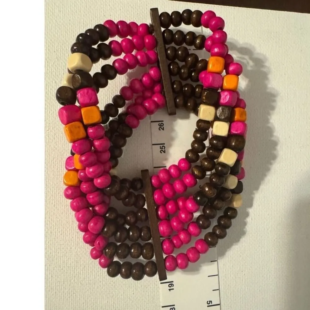 Vintage Y2K Womens Chunky Pink Brown Layered Beaded Cuff Bracelet Boho Western - Image 3