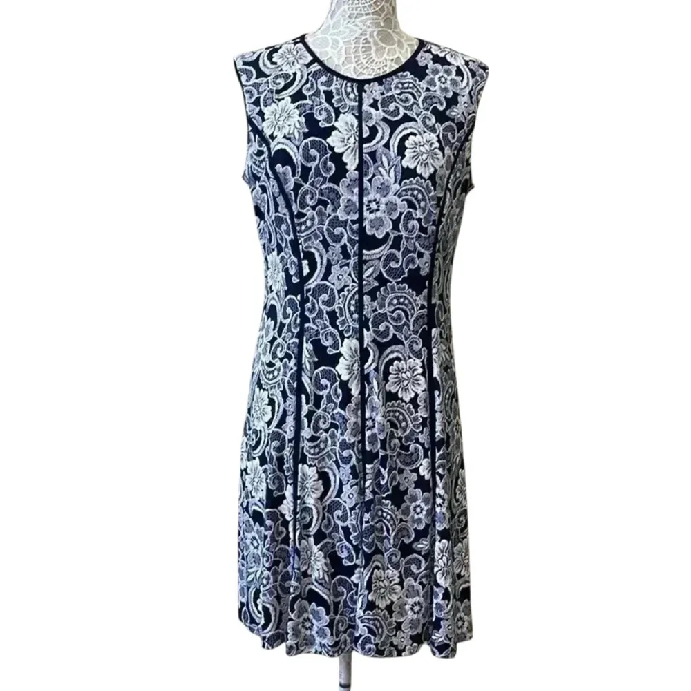 Navy & White Floral Lace Print Sleeveless A-Line Dress - Image 3