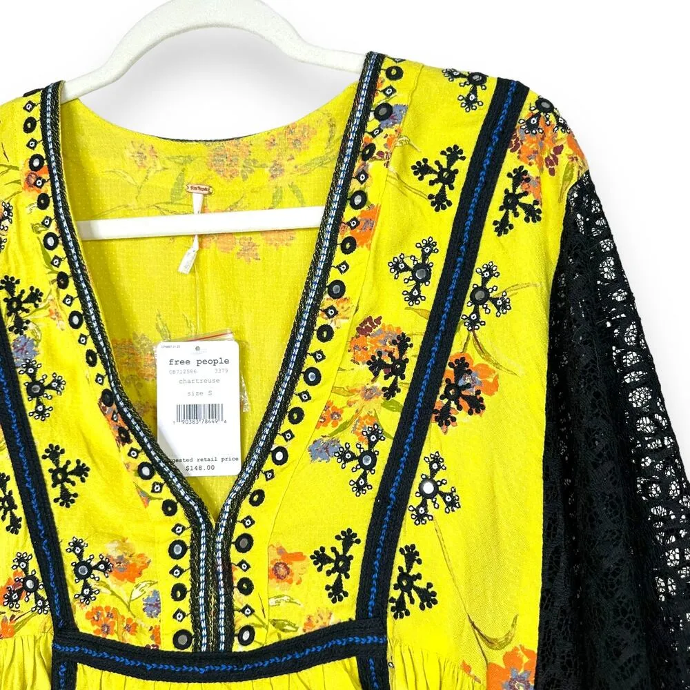 Free People NWT Boogie All Night Chartreuse Yellow Embroidered Lace Floral Top - Image 5
