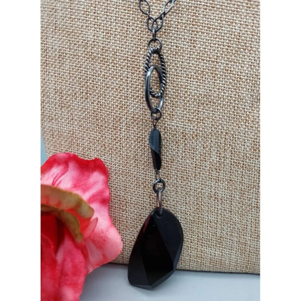Black Gunmetal Faceted Bead Pendant Convertible Chain Necklace Choker Goth 32" - Image 5