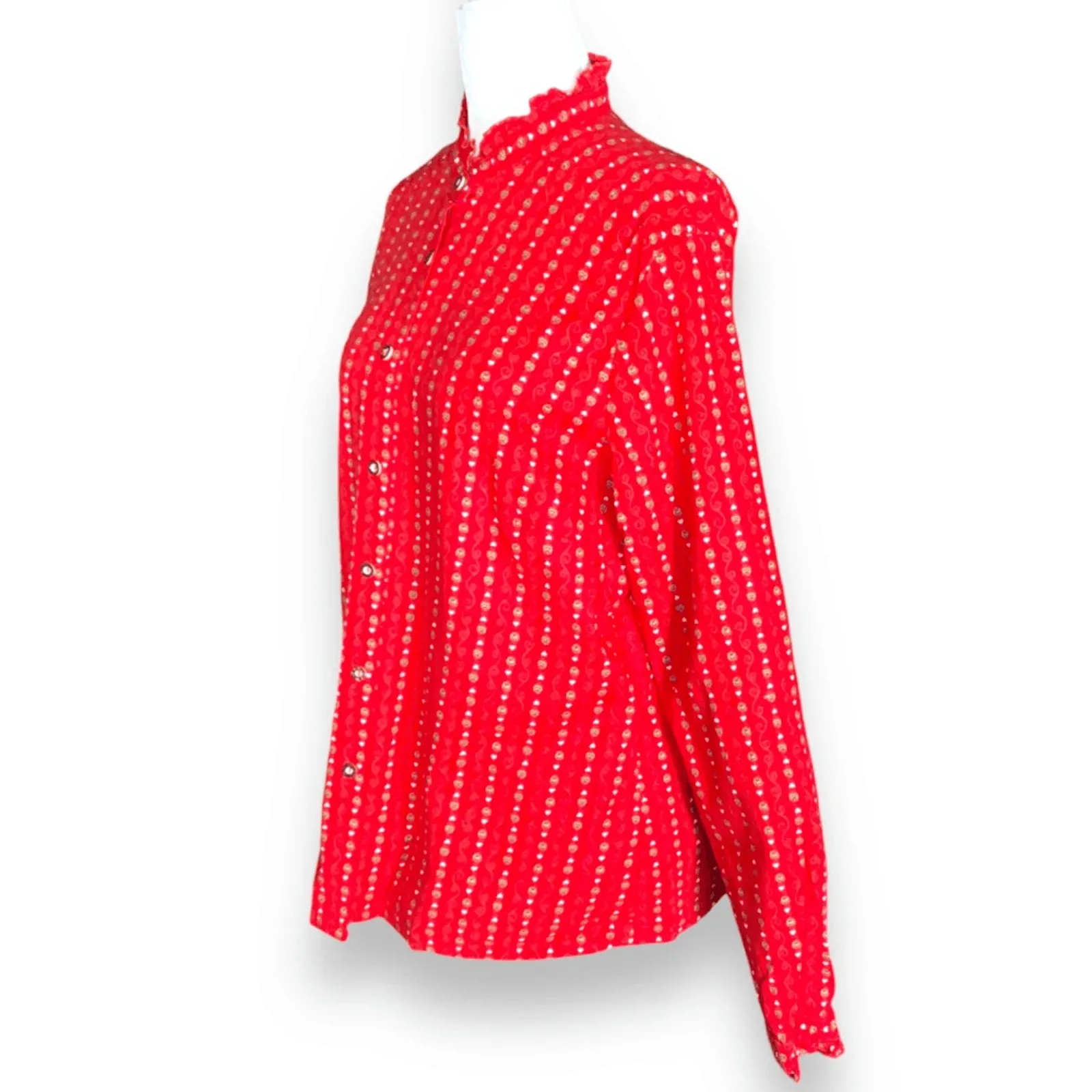 Vintage Red Heart Print Cotton Button Front Blouse German Folk Art Valentines Size L - Image 5