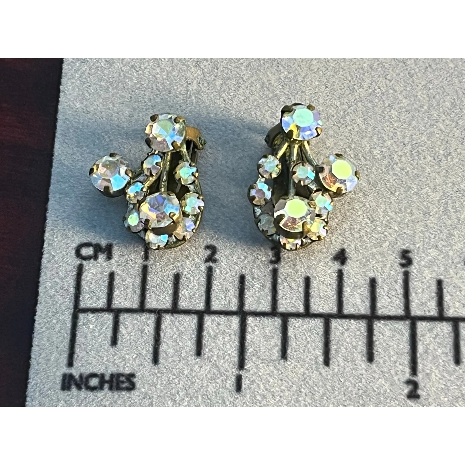 VTG Aurora Borealis Rhinestone Clip On Earrings Made In Austria Coquette Silver - Image 7